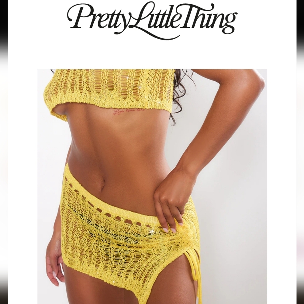 PrettyLittleThing Yellow Crochet Mini Beach Skirt NWTs- Size Large - Picture 8 of 11